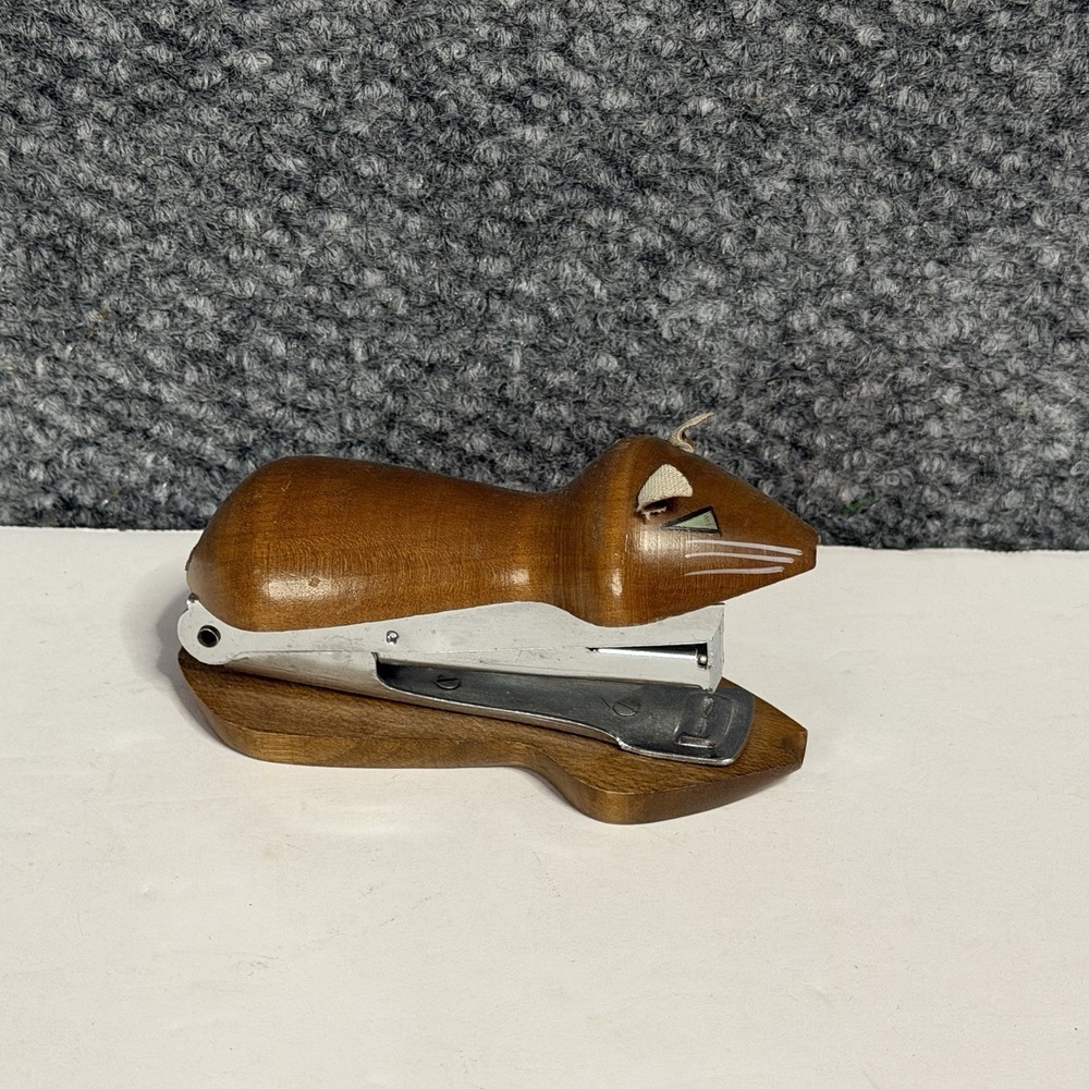 Vintage Mouse Shaped Wooden Stapler Paper Ears Japan MCM Office Decor Novelty